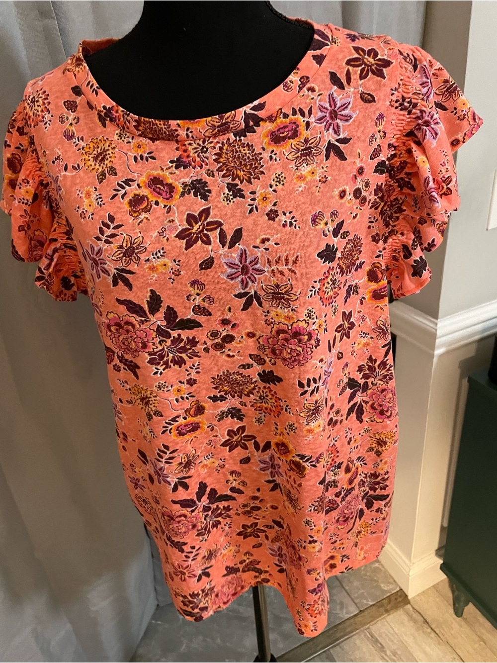 LOFT Pink Floral Ruffle Sleeve Blouse